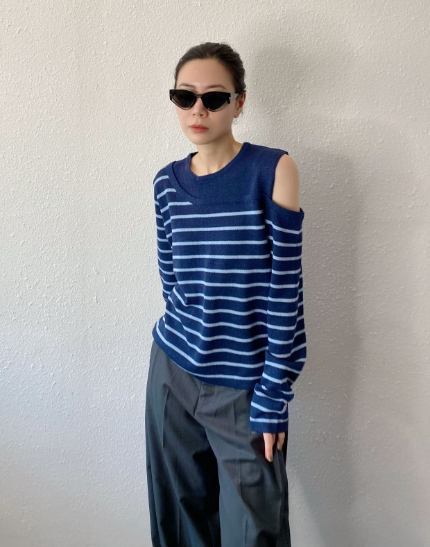 Navy Double Layer Stripe Top #250342
